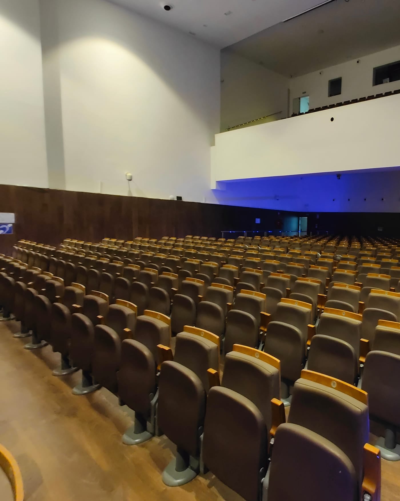 Empty auditorium with rows of brown seats and blue aisle lighting