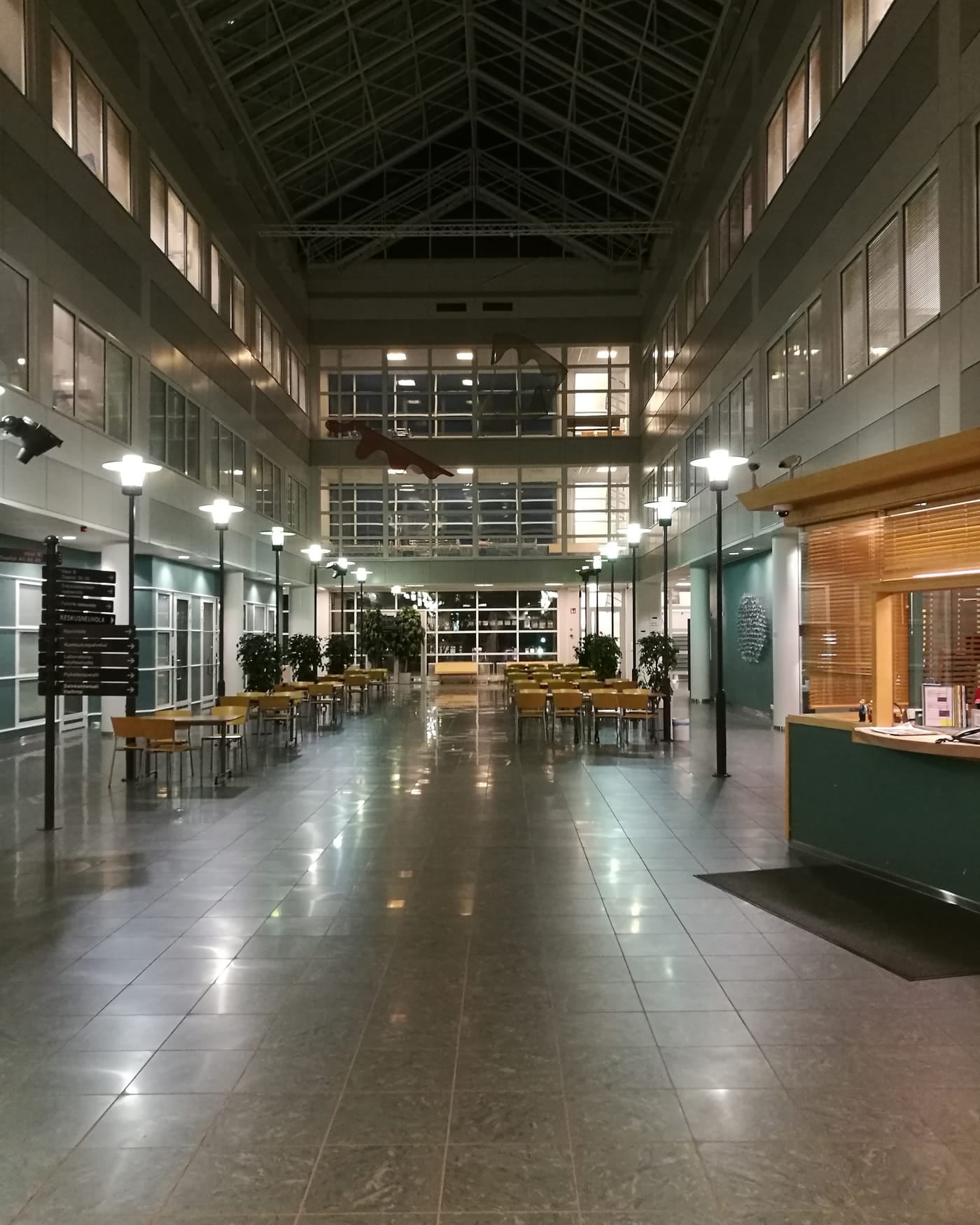 Long, dimly lit hospital lobby corridor with a glass roof and reflective stone floor