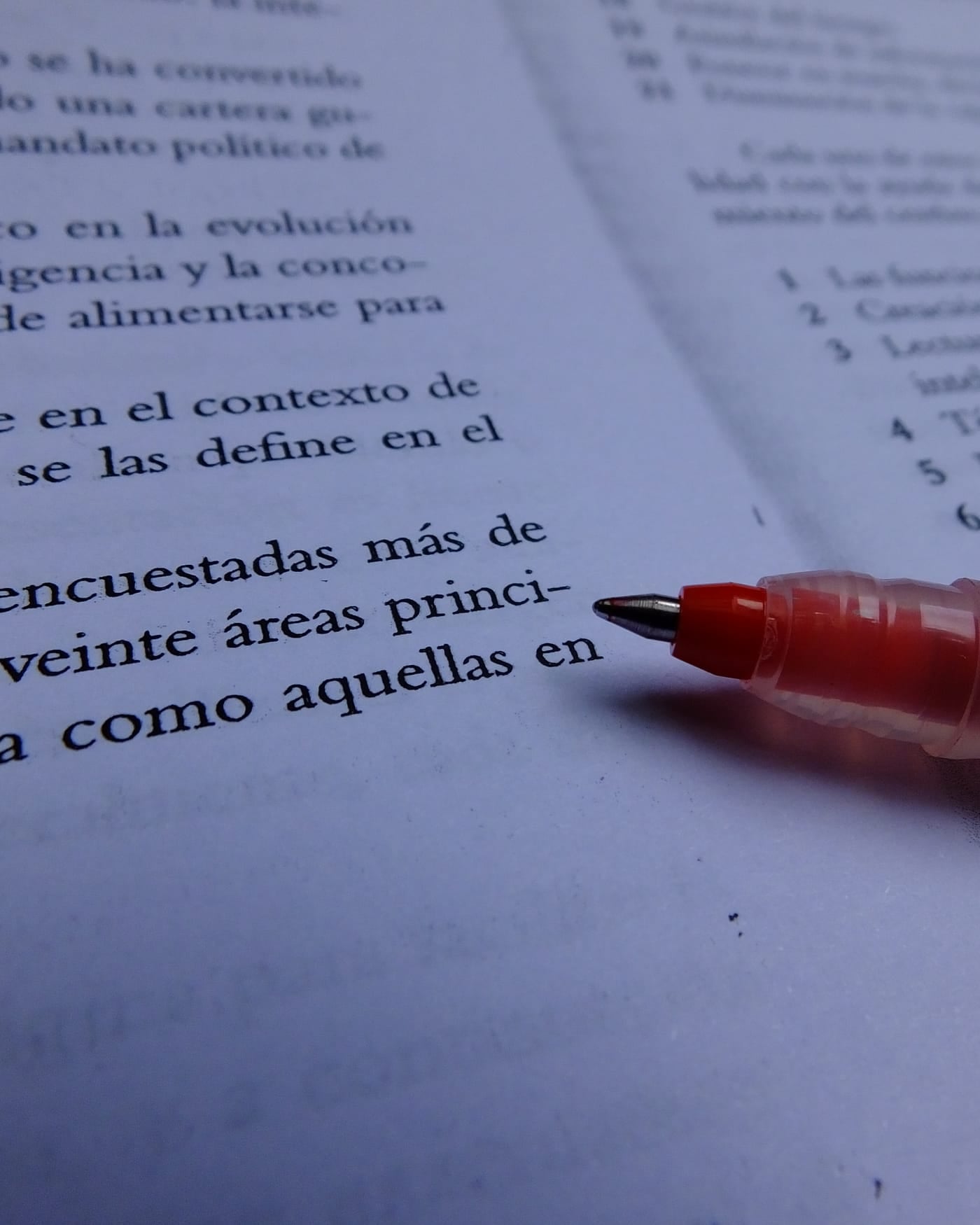 Red pen resting on a printed page of text during proofreading
