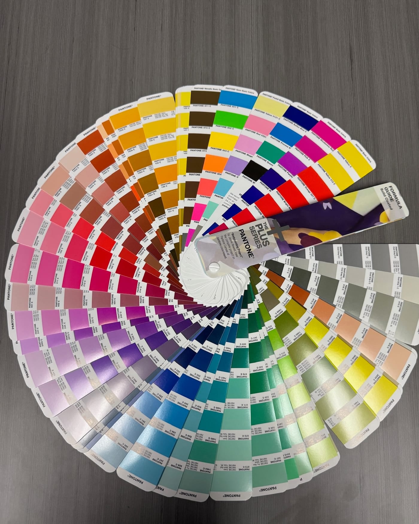 Pantone spot-colour swatch fan spread in a full circle on a grey desk
