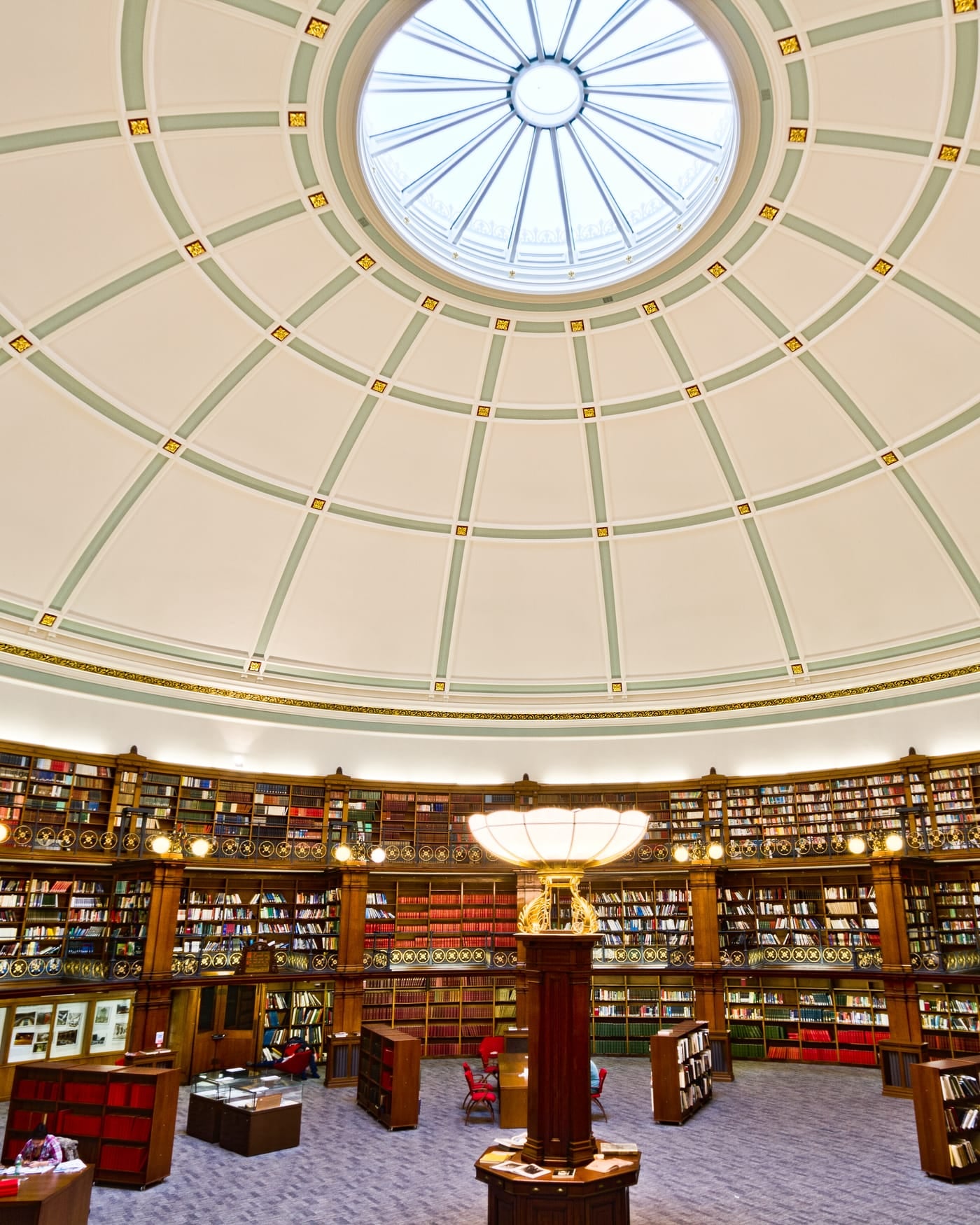 Domed circular Picton Reading Room with tiers of bookshelves and a skylight