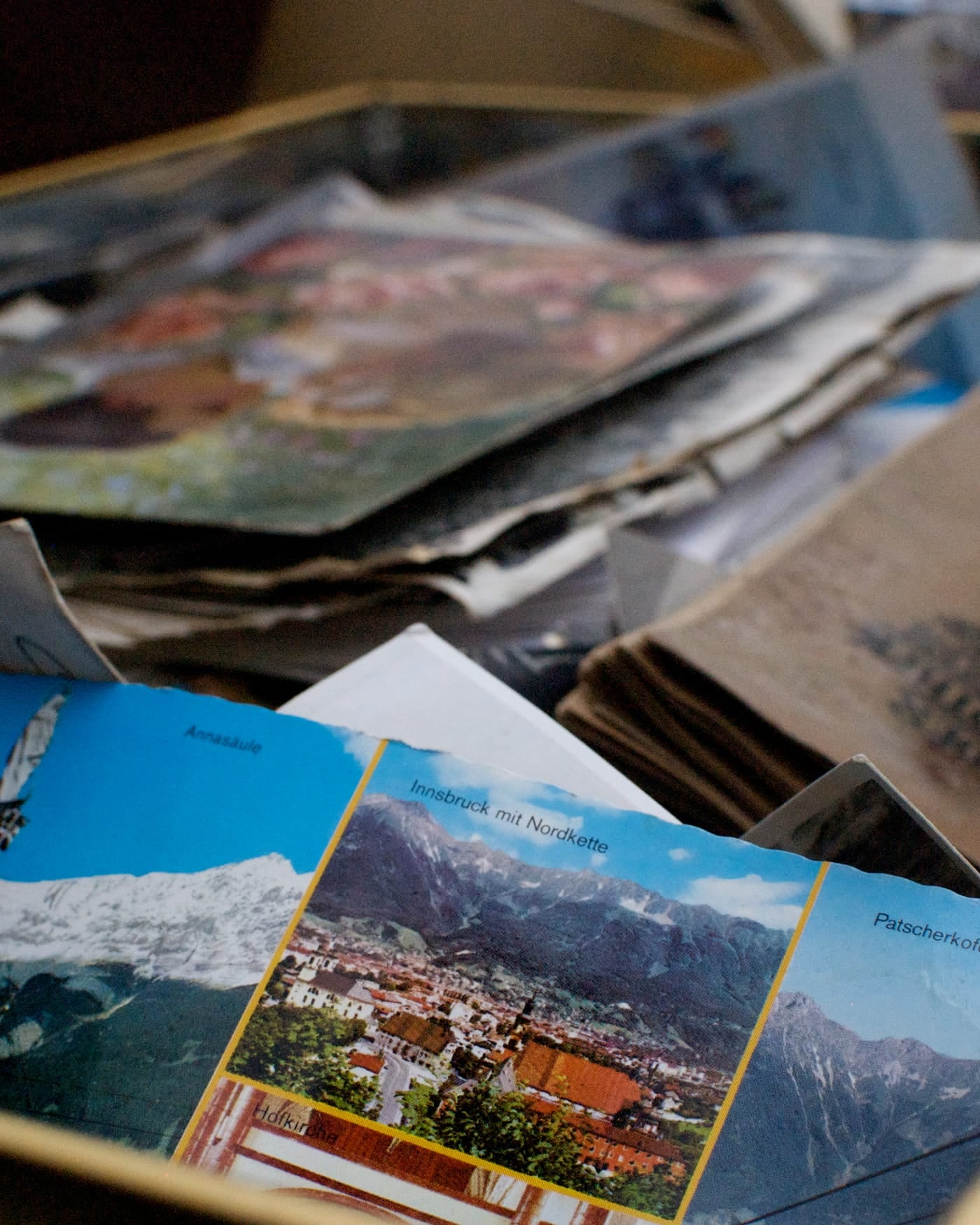 Box filled with old German letters, postcards and printed papers